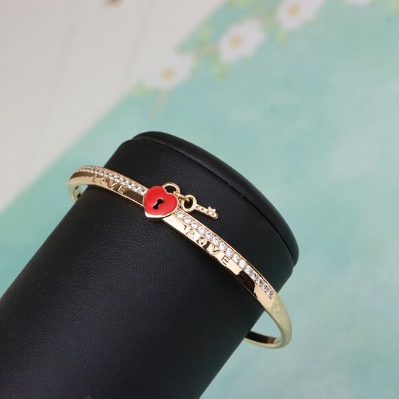Rose Gold Bangle with Red Heart Lock and Key Charm Accent, XPBL0562 - Picture 5 of 12
